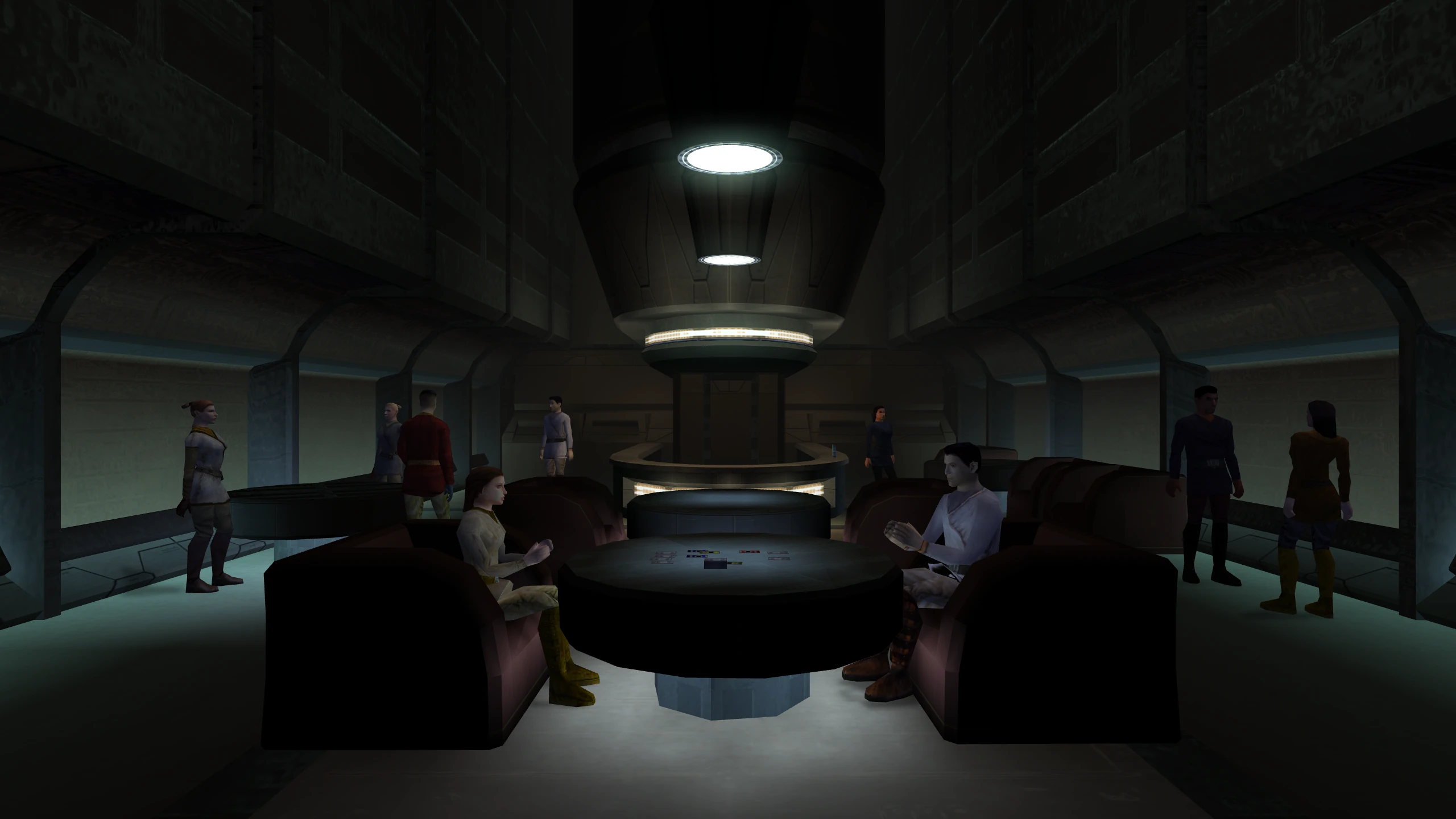 The same view of the cantina, with the ceiling lamp glowing and walls showing more details