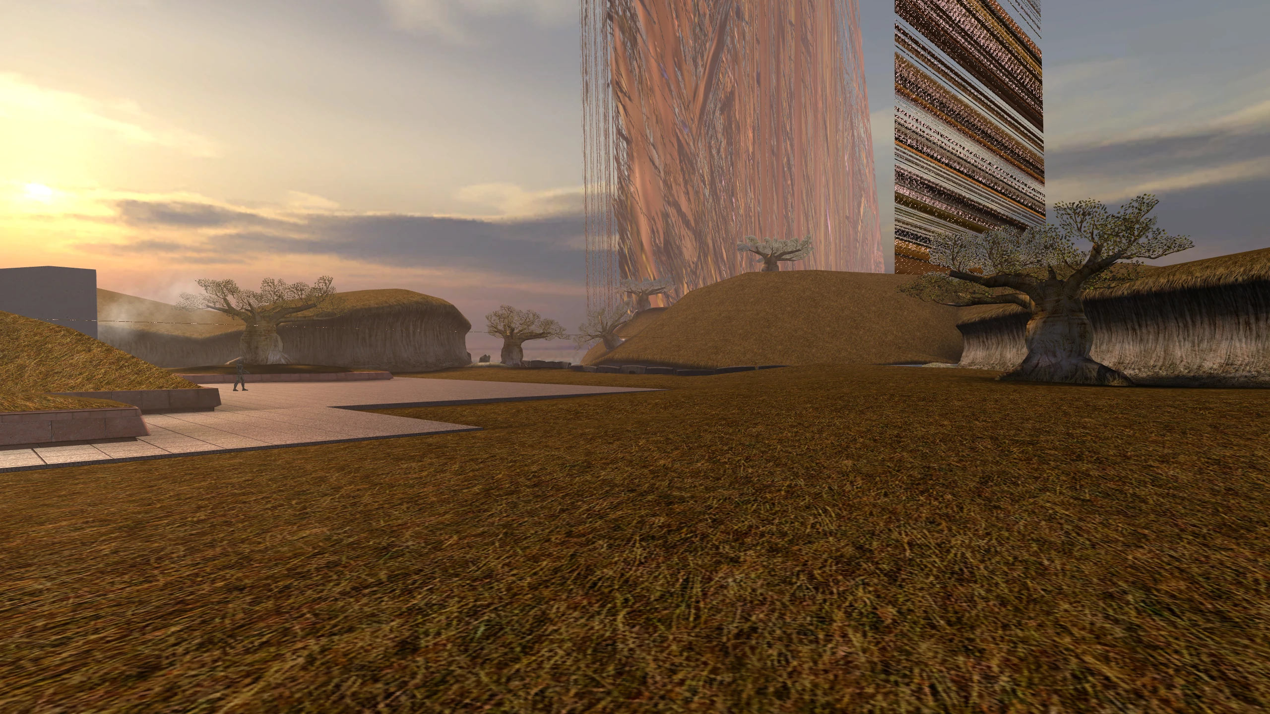 The Matale Grounds on Dantooine, with incorrect grass rendering and some grass exploding in the sky.