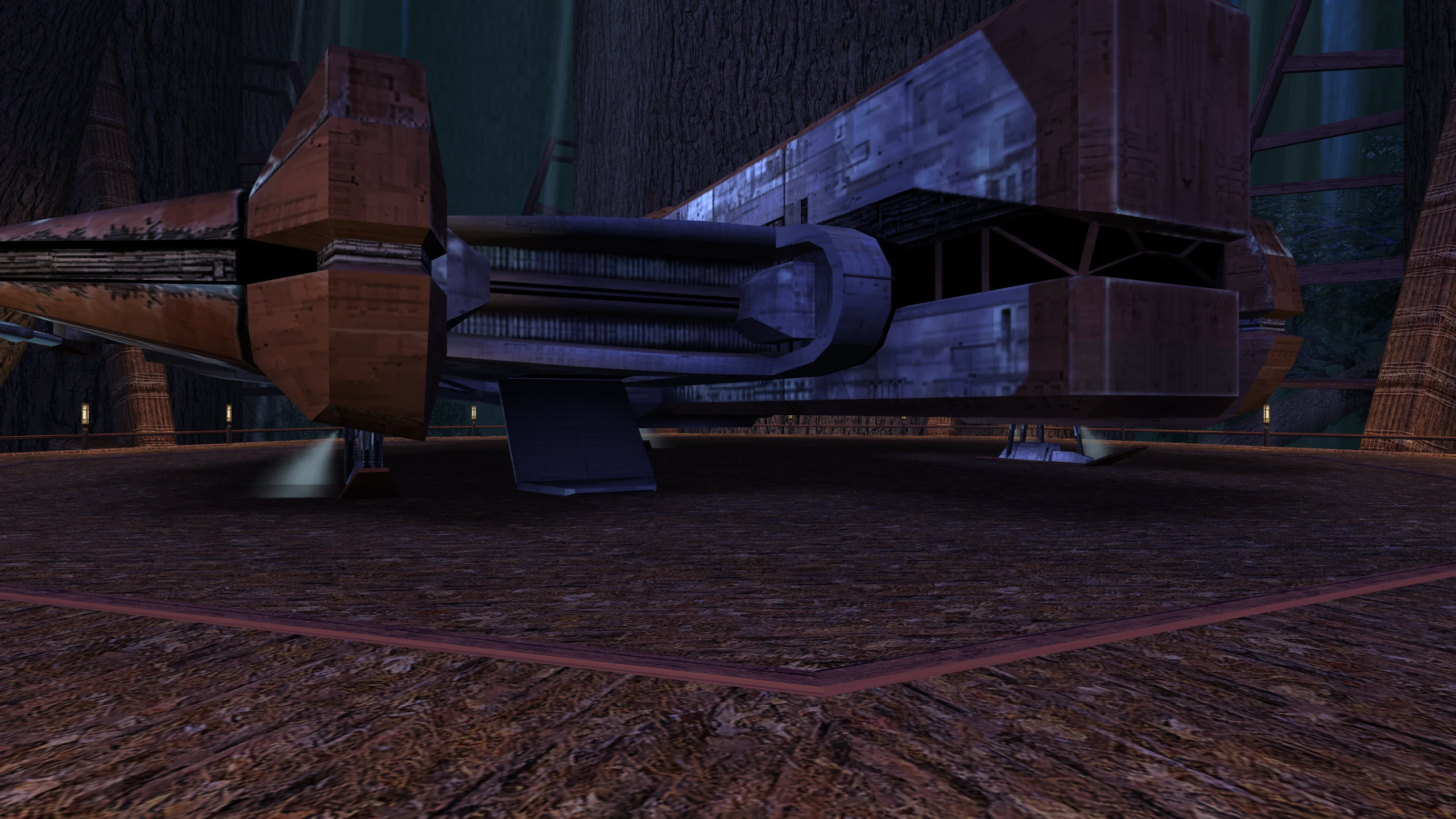 The Ebon Hawk on Kashyyyk at night.