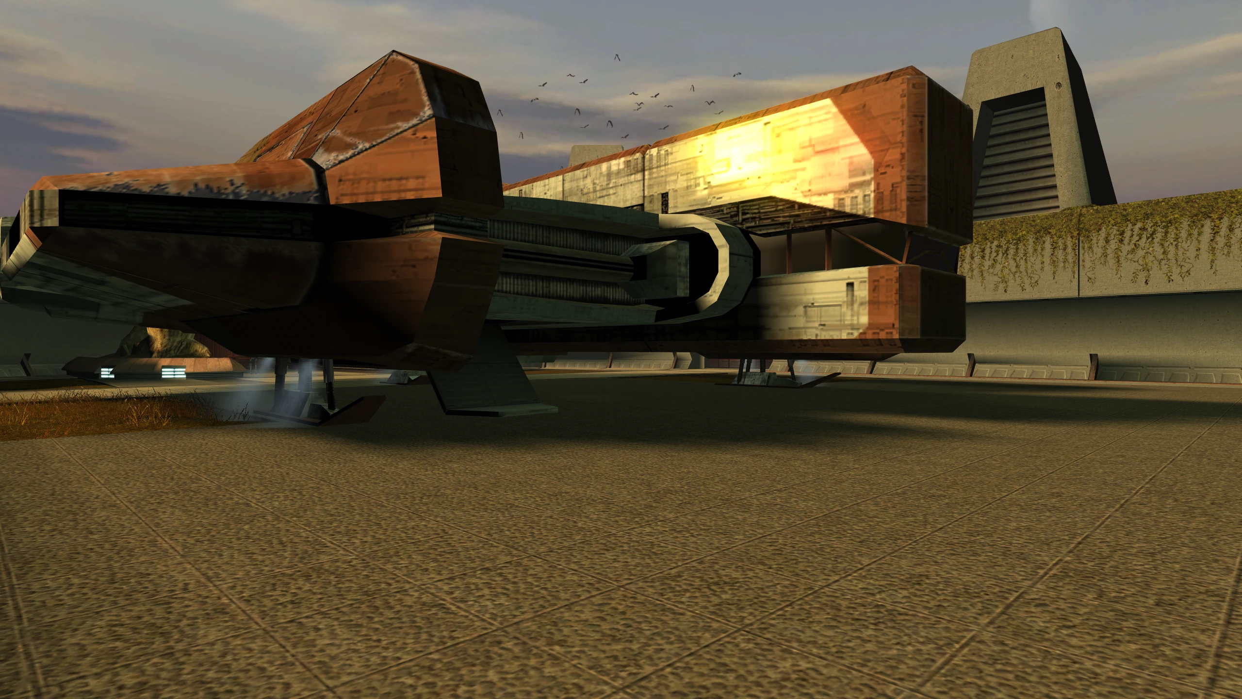 The same view, with the sunlit hull glowing and the cockpit glass reflecting.