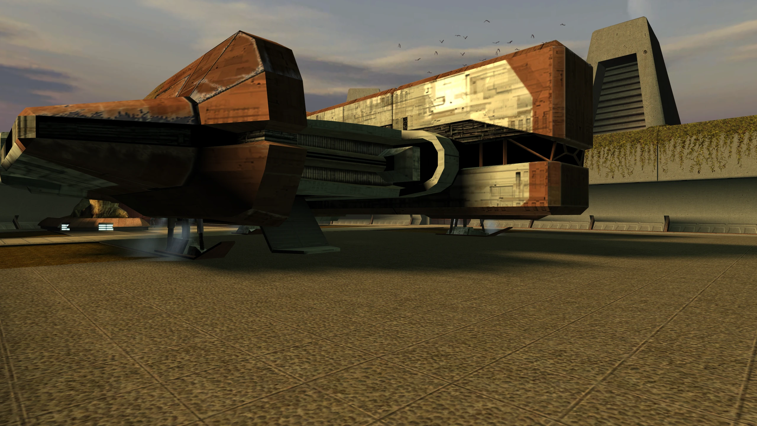 The Ebon Hawk on Dantooine in daylight.