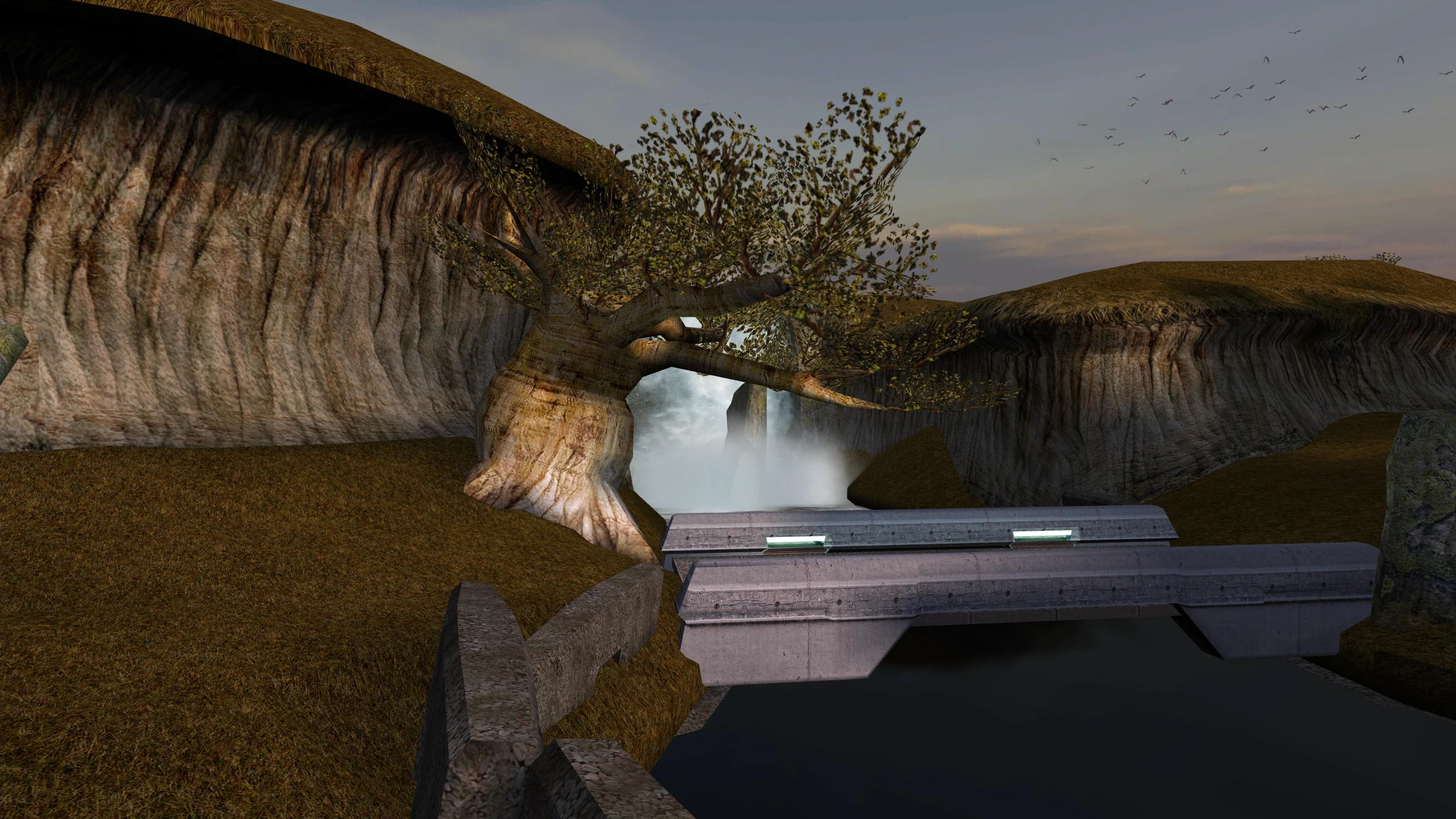 The river below the grove on Dantooine, with flat fallback rendering on the water.