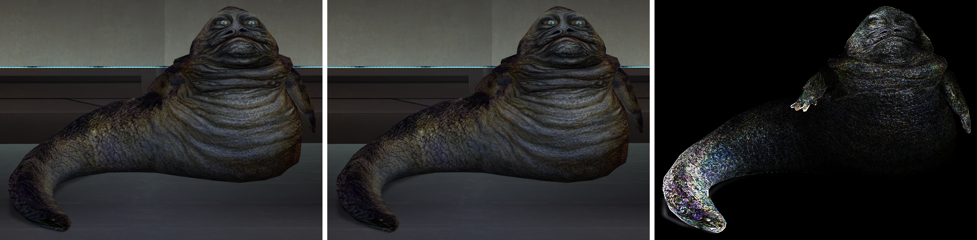 Ajuur the Hutt three times: with look = nvidia, with look = ati, and the difference between the two. The difference covers his body and is brightest on his tail.
