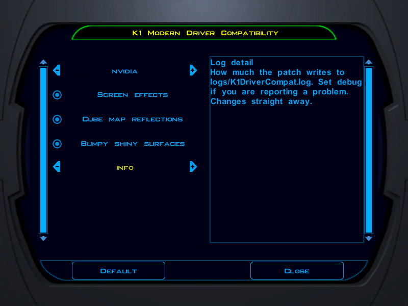 The K1 Modern Driver Compatibility menu in the game's options screen. On the left: nvidia, Screen effects, Cube map reflections, Bumpy shiny surfaces and info. On the right, the description of the selected option, Log detail.