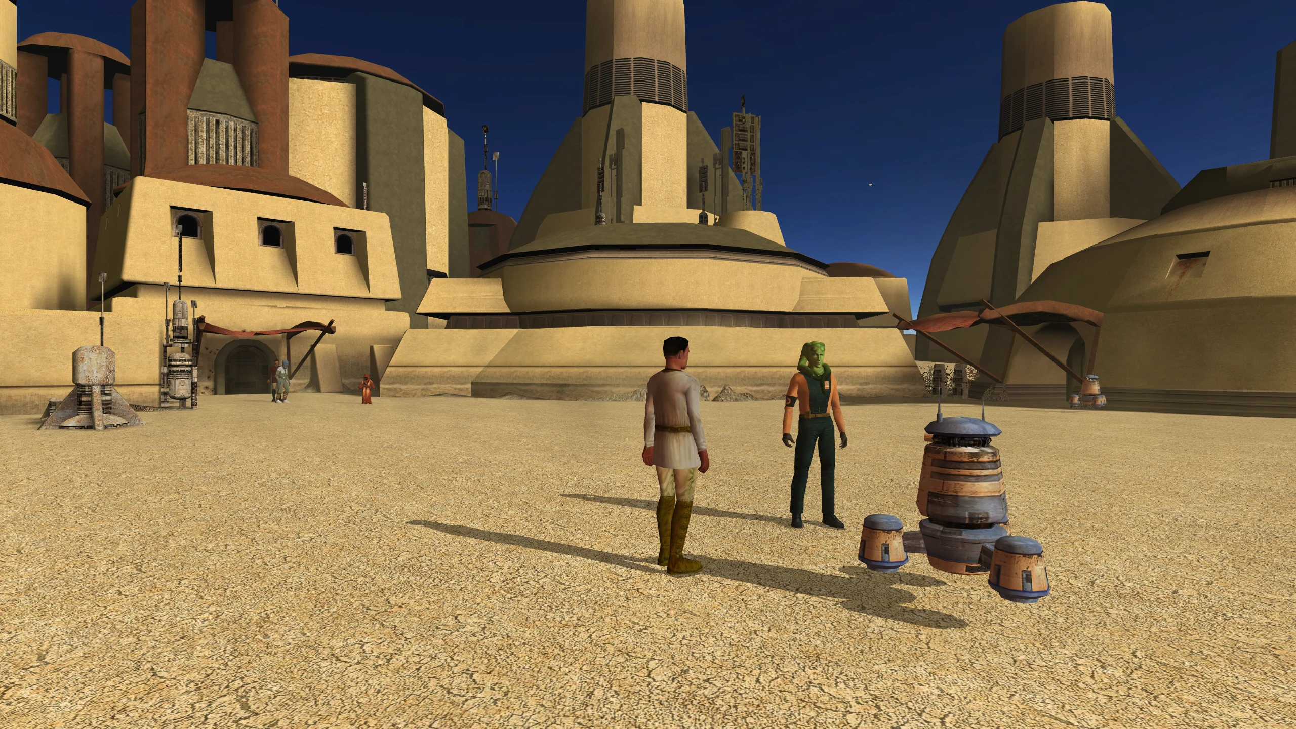 Characters standing on sand on Tatooine, casting hard-edged shadows.