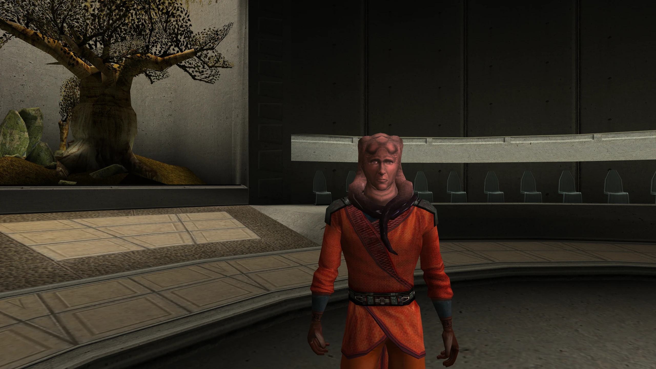 Master Zhar in the Dantooine Enclave, his lekku are shaded black.